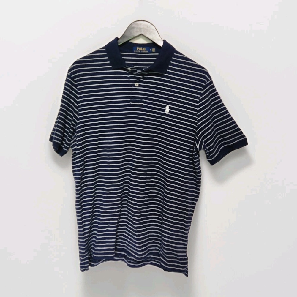 POLO RALPH LAUREN Shirt Mens Medium Striped Blue White Classic Fit Short Sleeve